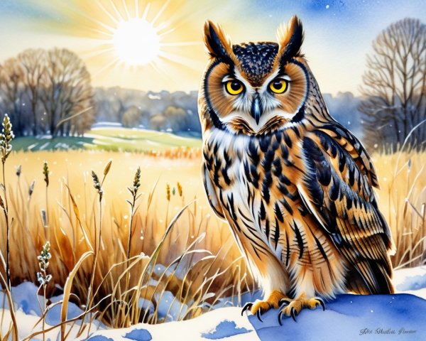 Illustration of an Owl in a Winter Sunrise Landscape