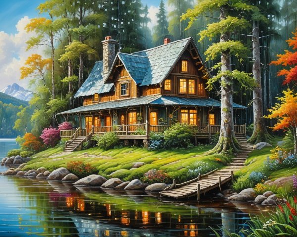 Wooden Cabin by Serene Lake in Autumn Foliage