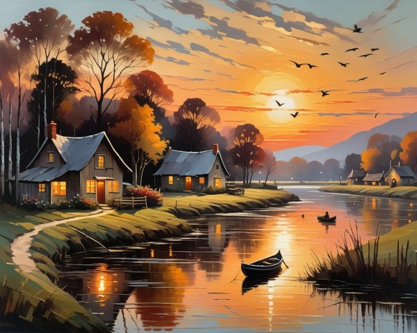Autumn Landscape with Cottages and Calm River