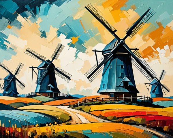 Vibrant Landscape with Iconic Windmills and Sky