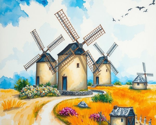 Vibrant Landscape with Traditional Windmills and Nature