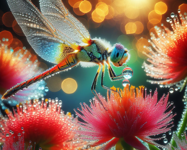 Dragonfly on Pink Flower with Sparkling Background