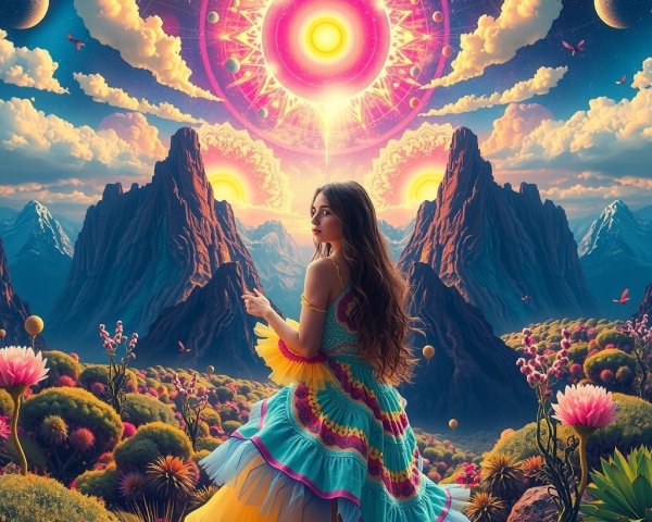 Woman in Colorful Dress Surrounded by Vibrant Landscape