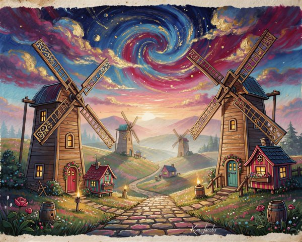Vibrant Fantasy Landscape with Windmills and Hills