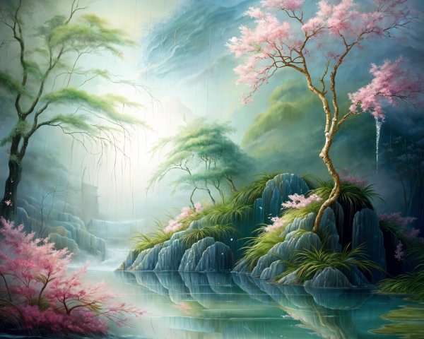 Serene Landscape with Cherry Blossoms and Tranquil Waters