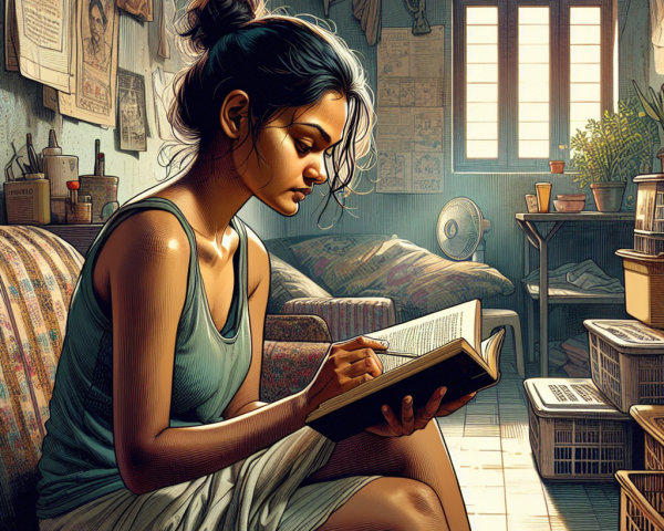 Cozy Room with Young Woman Reading a Book