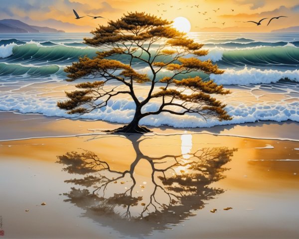 Lone Tree on a Serene Beach at Sunset