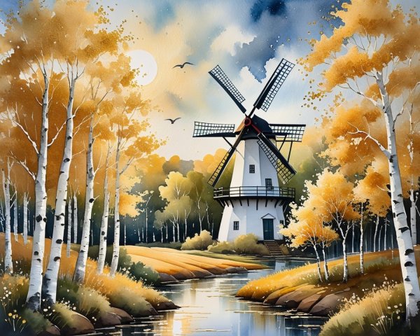 Classic Windmill by Serene River in Autumn Scenery