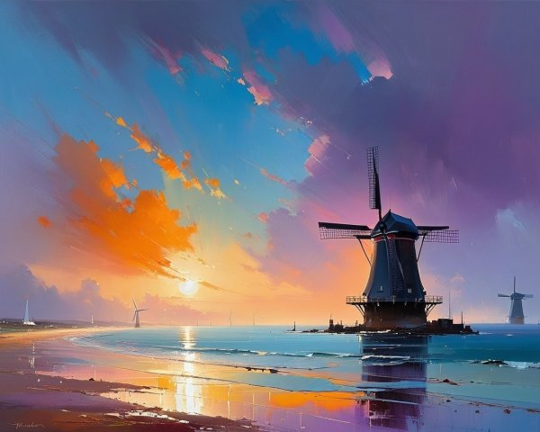 Serene Coastline Landscape at Sunset with Windmills