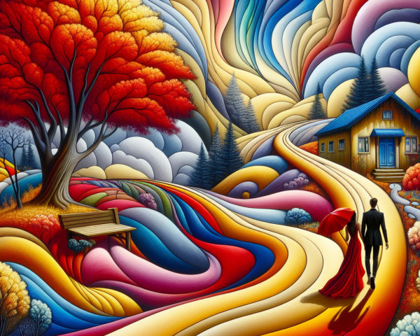 Couple Walking on Colorful Winding Pathway