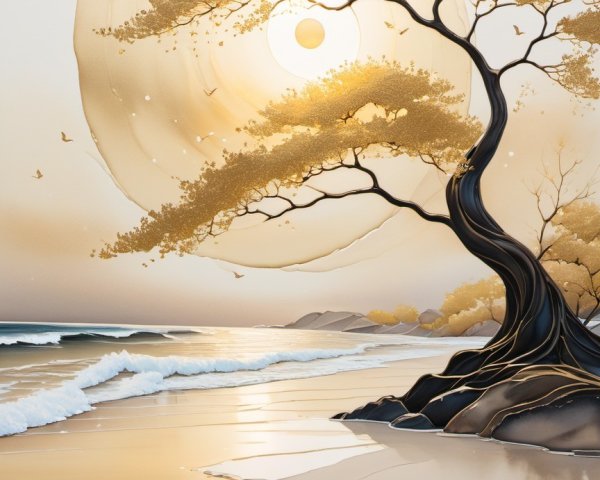 Serene Beach Scene with Golden Leaves and Gentle Waves