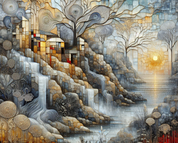 Abstract Landscape with Waterfalls and Geometric Shapes
