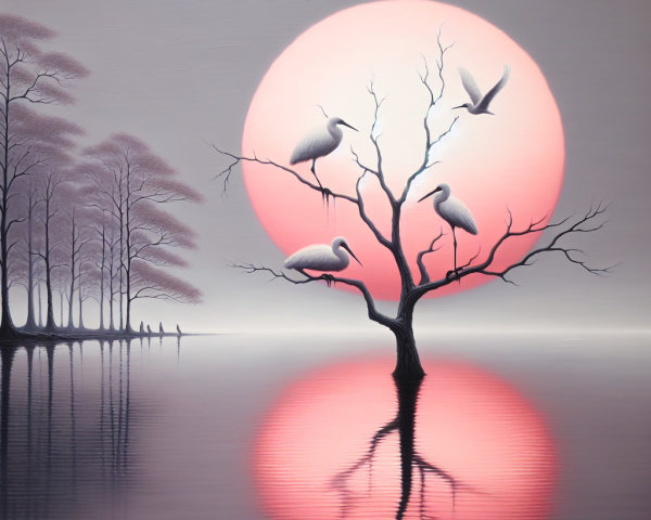 Serene Landscape with Pink Sunset and Cranes
