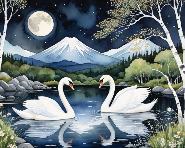 Swans in Lake with Night Sky and Mountain Reflections