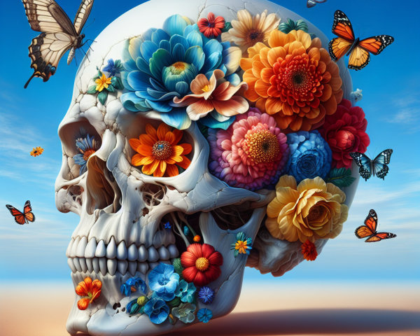 Colorful Skull with Flowers and Butterflies Against Sky