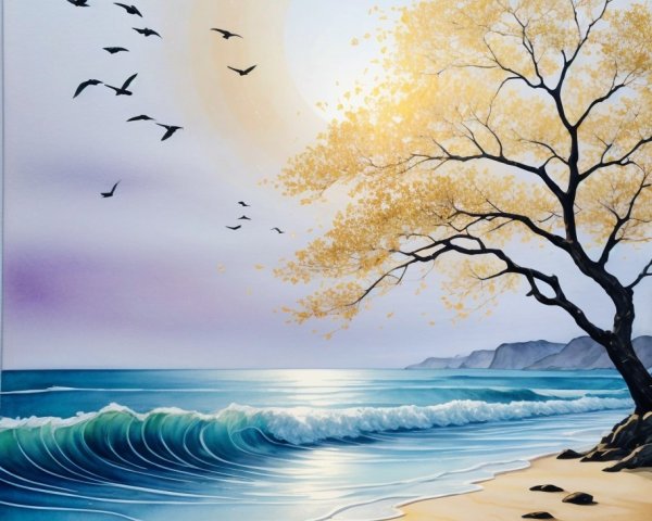 Serene Seascape at Sunset with Autumn Tree and Birds