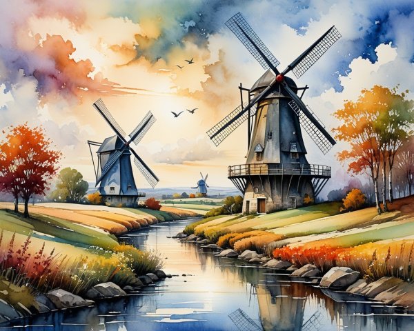 Serene Landscape with Windmills and Autumn Foliage