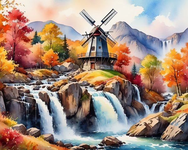 Charming Windmill Amidst Vibrant Autumn Landscape