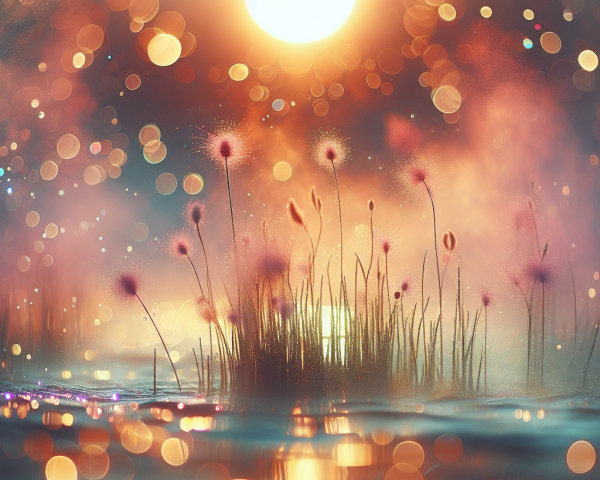 Serene Landscape with Sunset and Soft Blooms