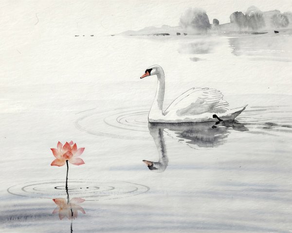 Watercolor Painting of a White Swan on a Lake