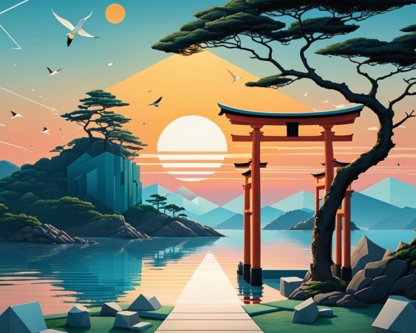 Vibrant Sunset Over Serene Landscape with Torii Gate