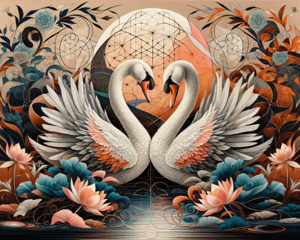 Elegant Swans in Tranquil Floral Setting with Moon