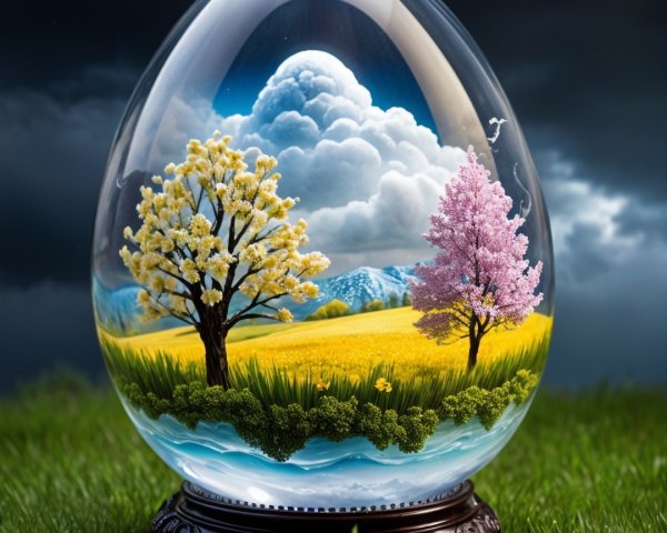 Glass Egg with Serene Landscape and Tranquil River