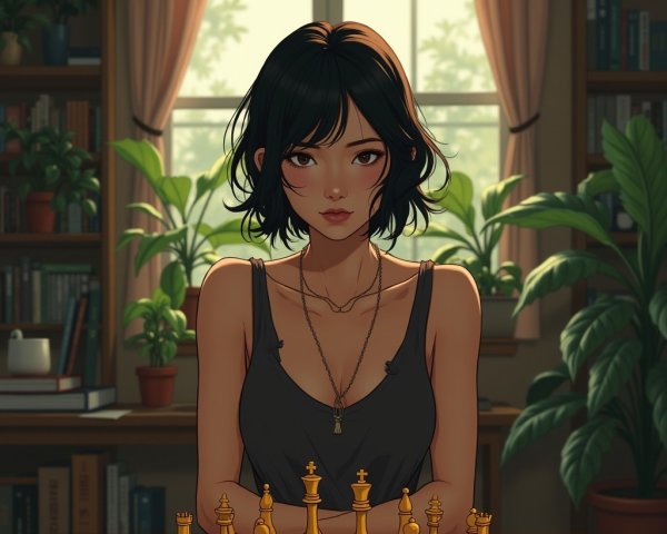 Young woman contemplating chess in a sunlit room