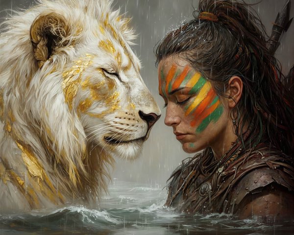 Portrait of a white lion and tribal warrior woman in storm