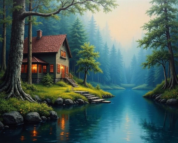 Serene Cabin by a Tranquil River Surrounded by Nature