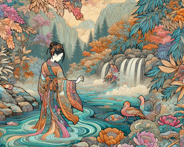 Serene Landscape with Woman in Kimono by Stream
