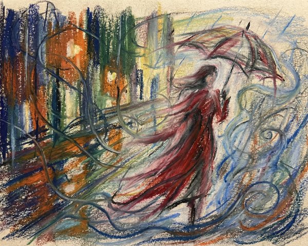 Oil Pastel Artwork of Woman in Red Dress with Umbrella