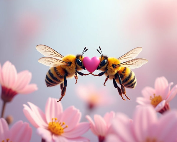 Bees with Hearts Surrounded by Pink Flowers