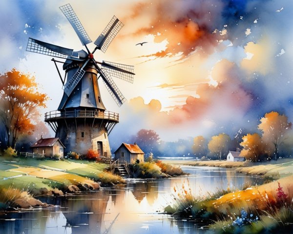 Serene Landscape with Windmill and Autumn Foliage