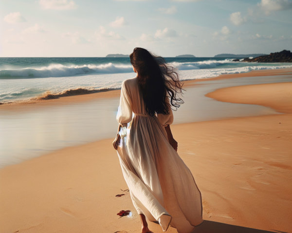 Silhouette of a Woman in a White Dress at Sunset