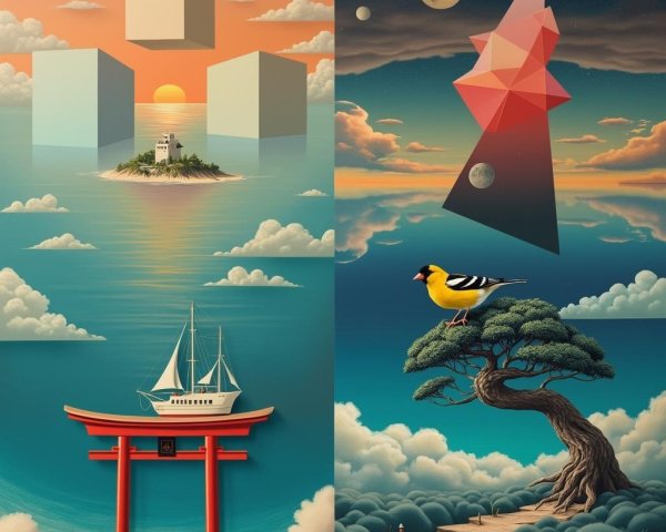 Surreal Landscape with Sunset and Geometric Elements