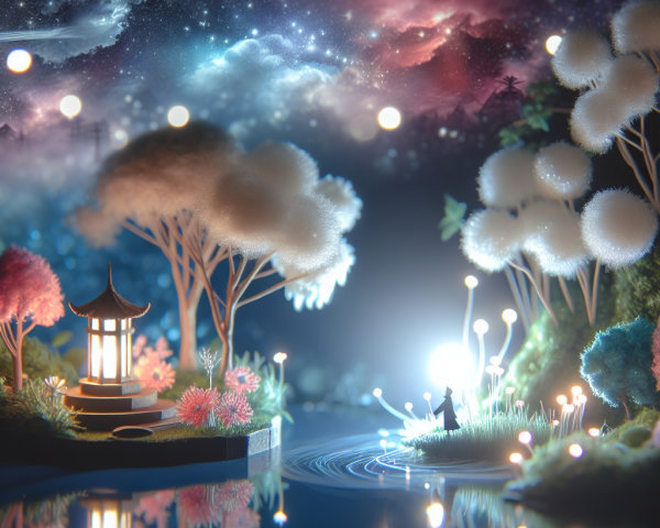 Whimsical Lake Scene with Pagoda and Colorful Flora