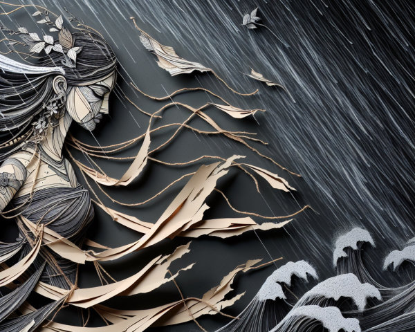 Intricate Paper Cut Illustration of a Woman in a Storm