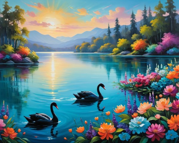 Vibrant Painting of Black Swans by a Colorful Lake