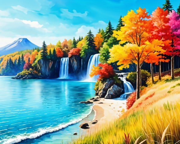 Vibrant Autumn Landscape with Waterfalls and Lake