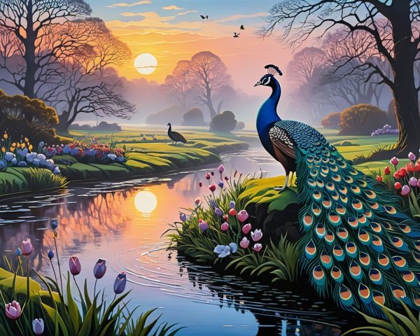 Majestic Peacock by Tranquil Stream at Sunrise