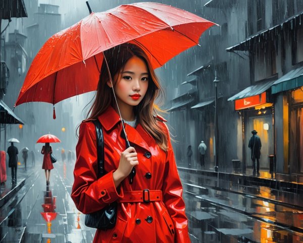 Young Woman with Red Umbrella in Rainy City Scene
