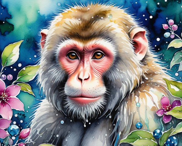 Vibrant Watercolor Illustration of a Monkey in Nature