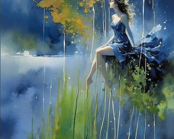 Watercolor Painting of Woman in Blue Dress on Abstract Landscape