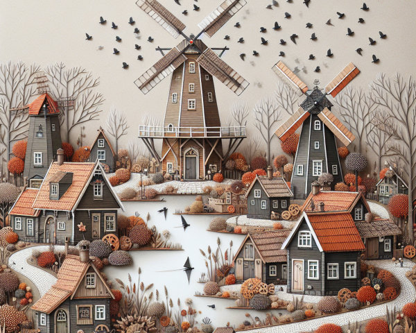 Charming Autumn Landscape with Windmills and Houses
