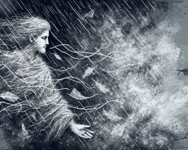 Monochromatic Illustration of a Serene Woman in Nature