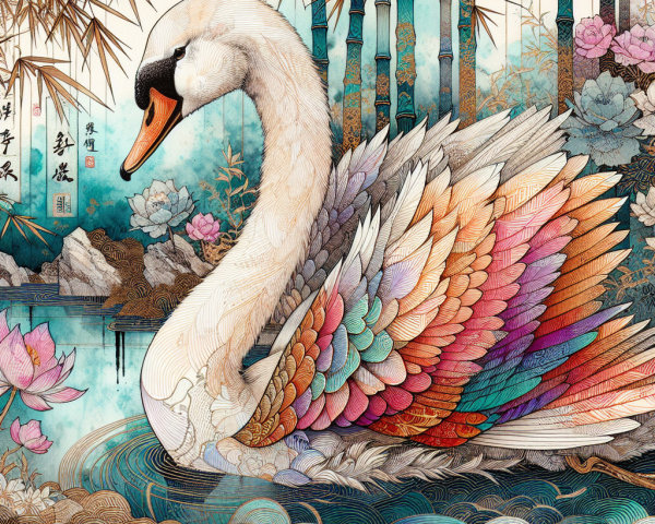 Detailed illustration of a swan on a serene pond