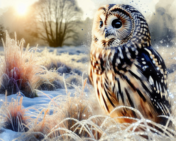 Majestic owl perched in frost-covered grass scene
