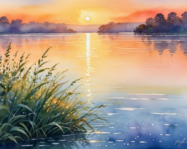 Vibrant Watercolor of Sunset Over Tranquil Water