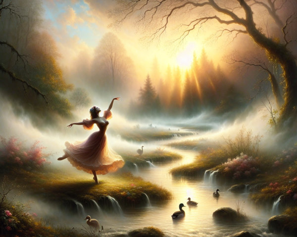 Serene Dawn Landscape with Ballerina by Stream